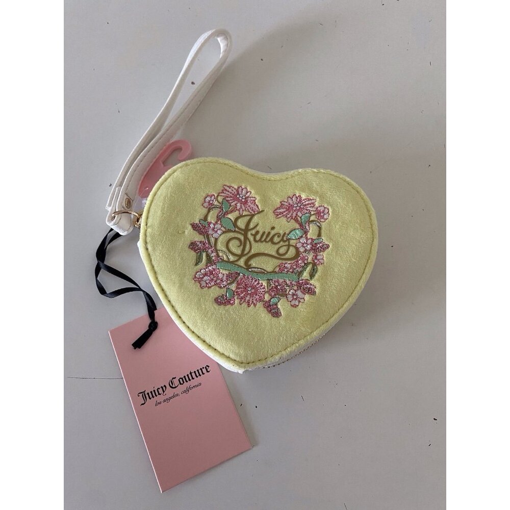 Juicy Couture Juicy In Bloom Heart Zip Around Coin Purse Yellow Iris Embroidered